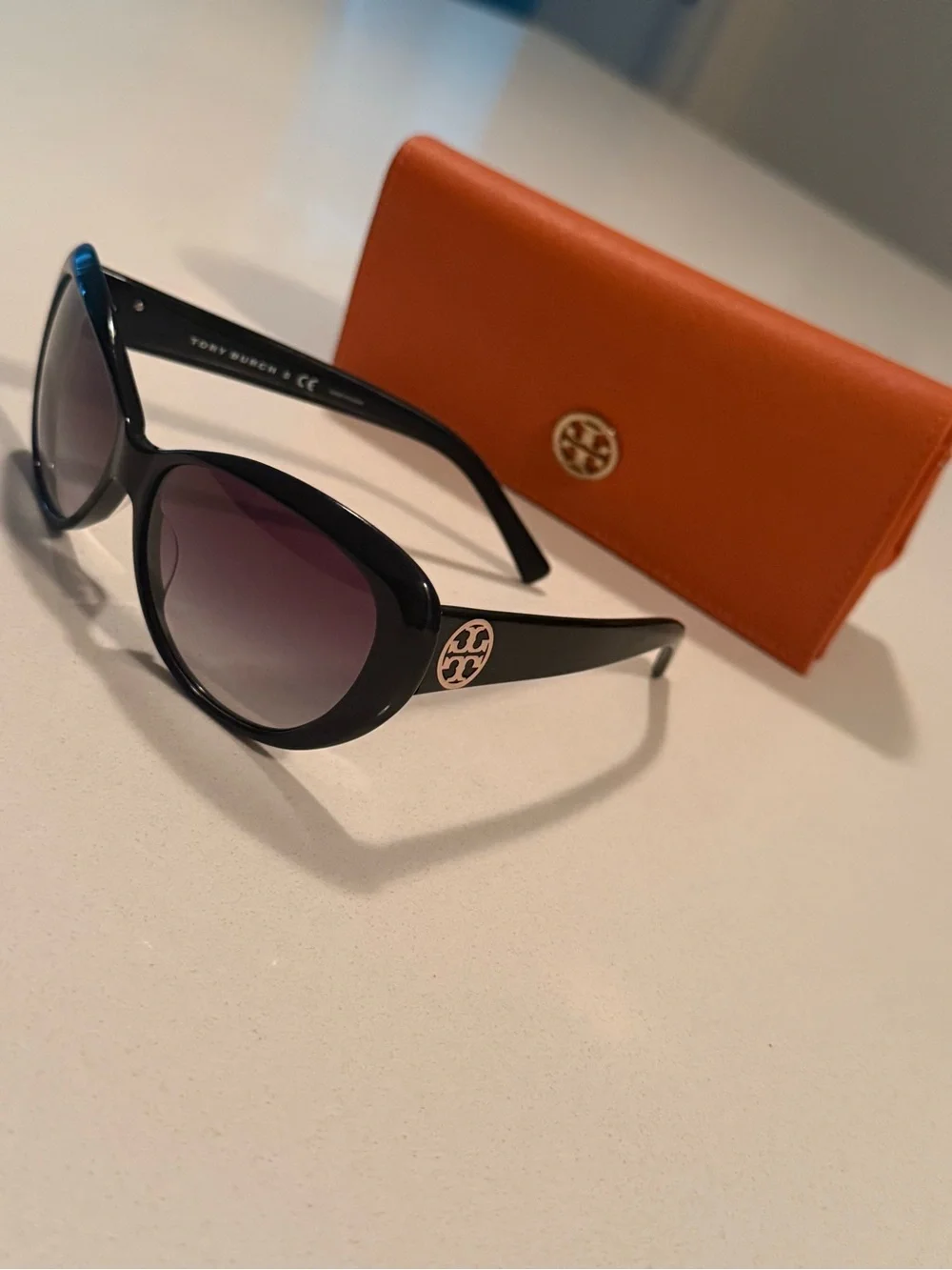 Tory Burch Black Sunglasses with Purple Gradient Lenses and Orange Case
